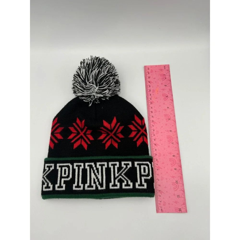 Victorias Secret PINK Beanie Hat Black Red Snowflake Fair Isle Pom Pom Knit